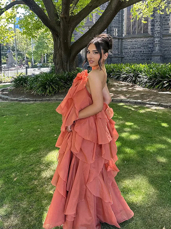 Beautiful floral print maxi dress for women, designed with elegant ruffles and a layered summer style.