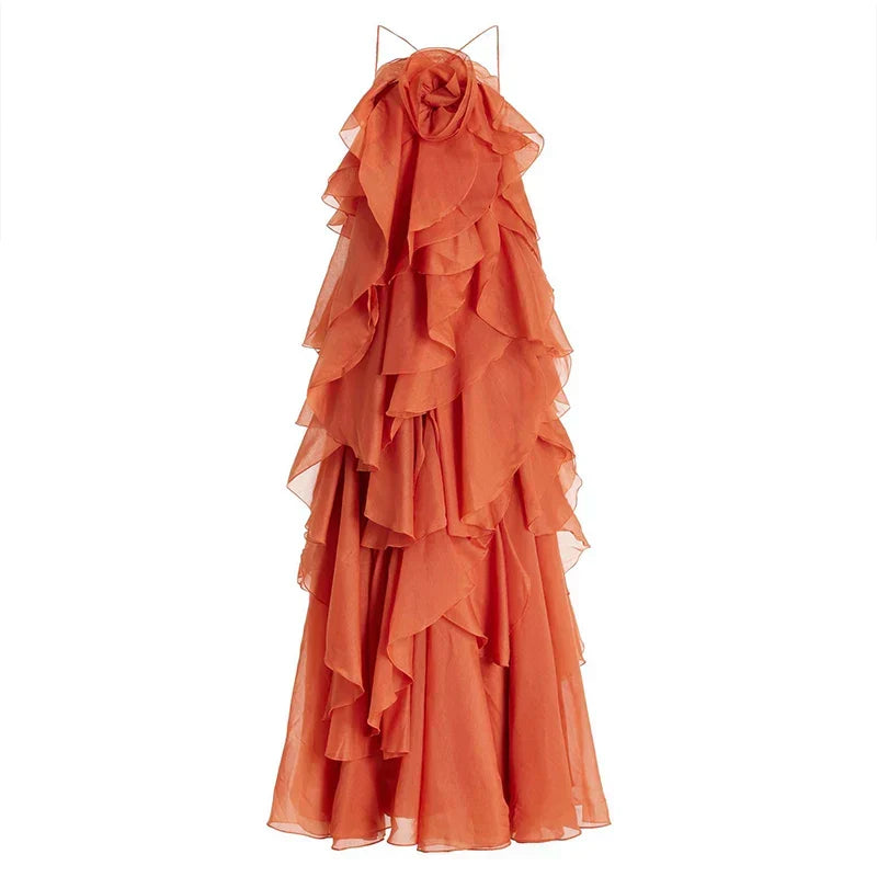 Chic women's floral maxi dress with elegant layered ruffles, a perfect summer dress for holiday and beach style.