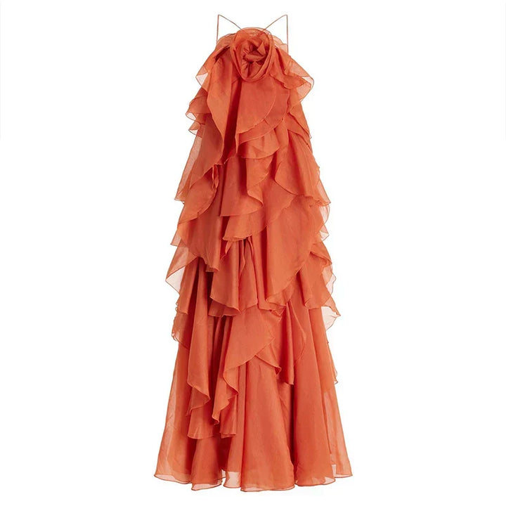Chic women's floral maxi dress with elegant layered ruffles, a perfect summer dress for holiday and beach style.