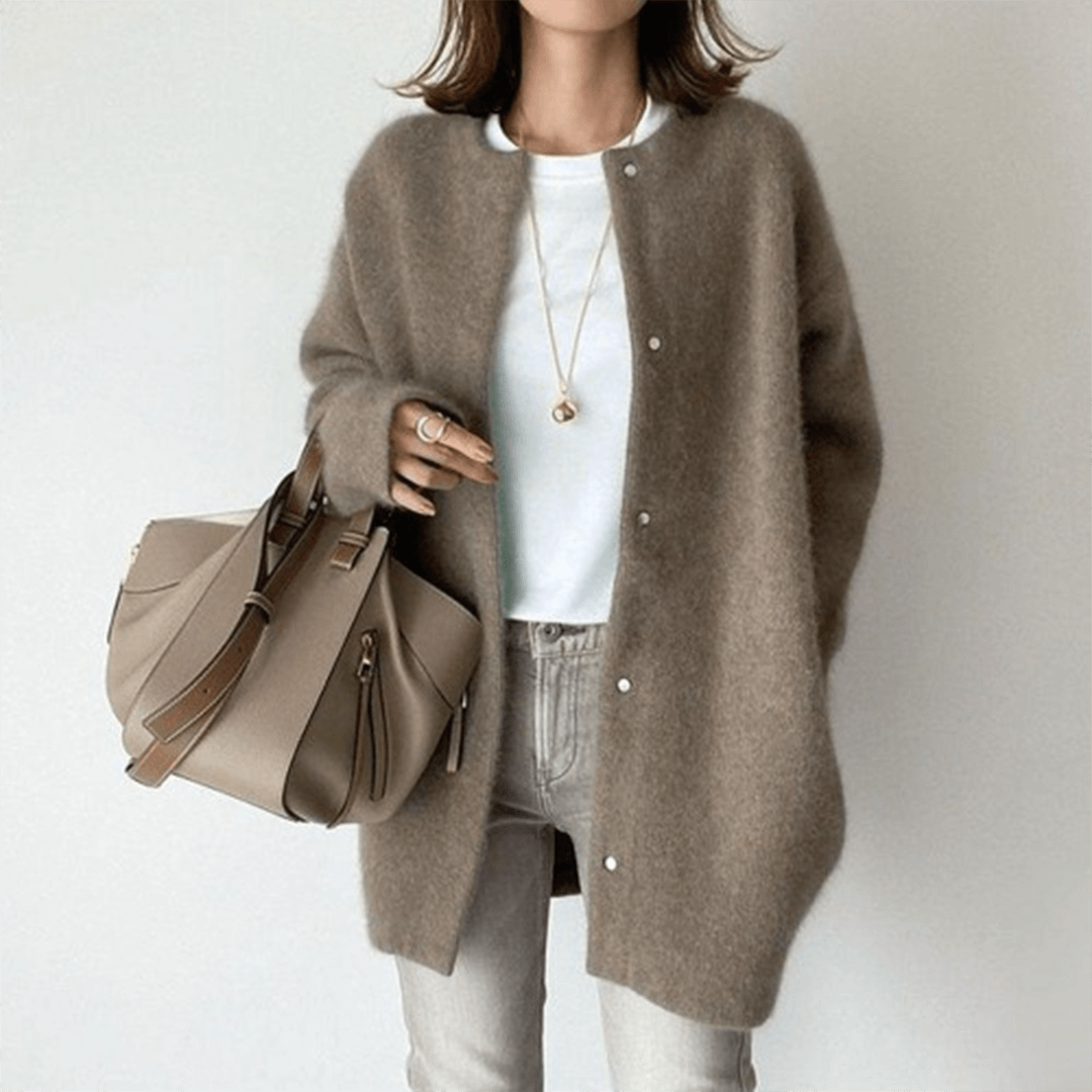 Stylish women's comfort cardigan, an elegant layering sweater that offers warmth and a fashionable look.