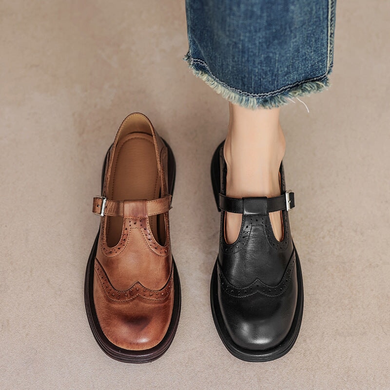 Brogue detail leather Mary Jane flats for women, round toe, comfortable vintage style.
