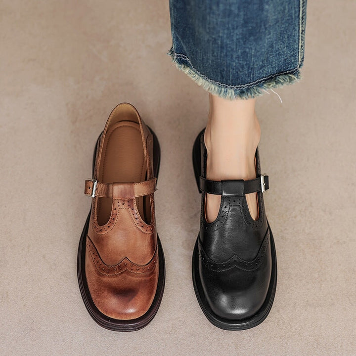 Brogue detail leather Mary Jane flats for women, round toe, comfortable vintage style.
