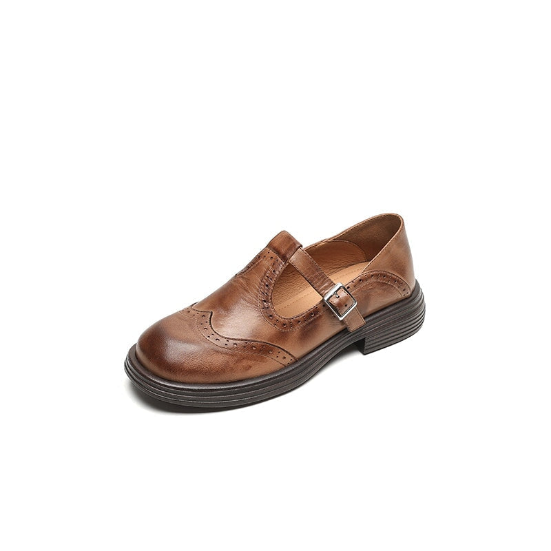 Round toe leather Mary Janes for women, comfortable everyday flats with classic T-strap.