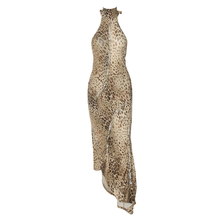 Women's elegant leopard backless maxi dress. Full-length view, flowy fabric, perfect for parties.