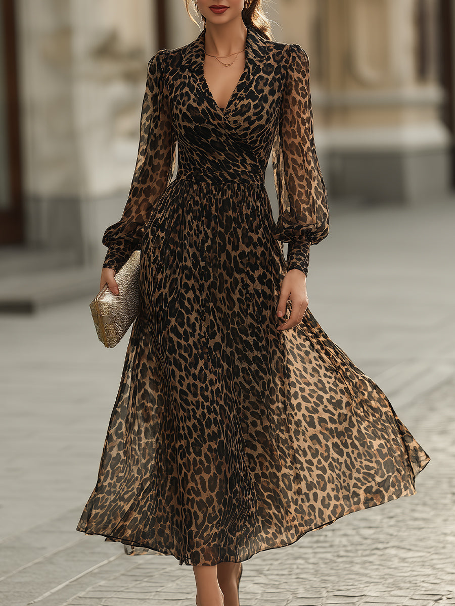 Elegant women's leopard print long sleeve sheer maxi dress with V-neck and flowy design, perfect for autumn occasion wear.