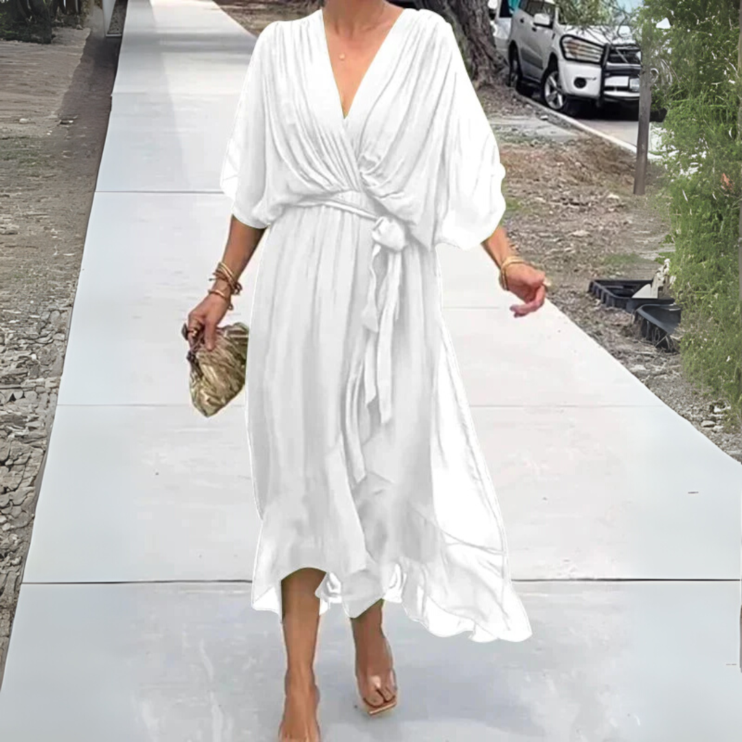 Elegant women's lightweight wrap dress with V-neck & short sleeves, perfect for summer & spring casual wear.