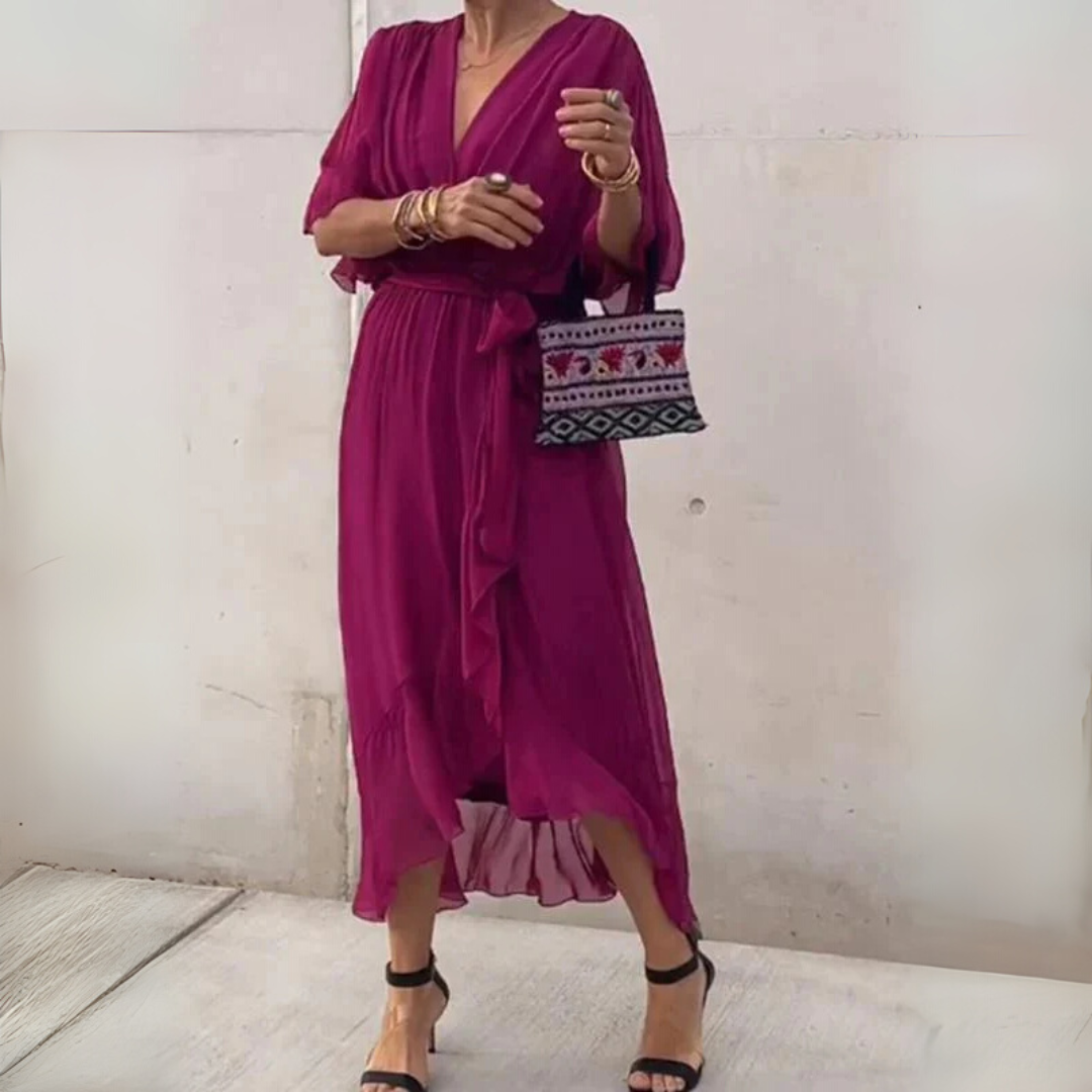 Summer/spring women's wrap dress: elegant, lightweight, comfortable. Features a V-neck, short sleeves, versatile style.