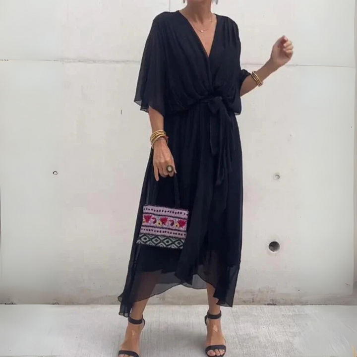 Stylish V-neck short sleeve wrap dress for women, lightweight & elegant, ideal for warm spring and summer events.