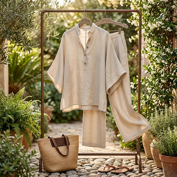Flowy wide leg linen pants paired with a matching kimono top, creating a chic women's two-piece resort set.