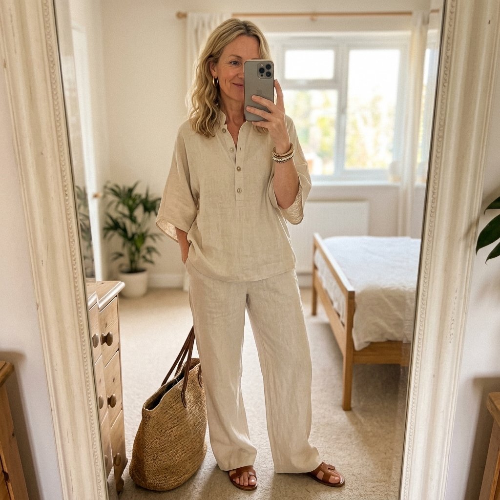 Women's linen kimono set with mandarin collar, paired with wide leg pants for elegant summer resort fashion.