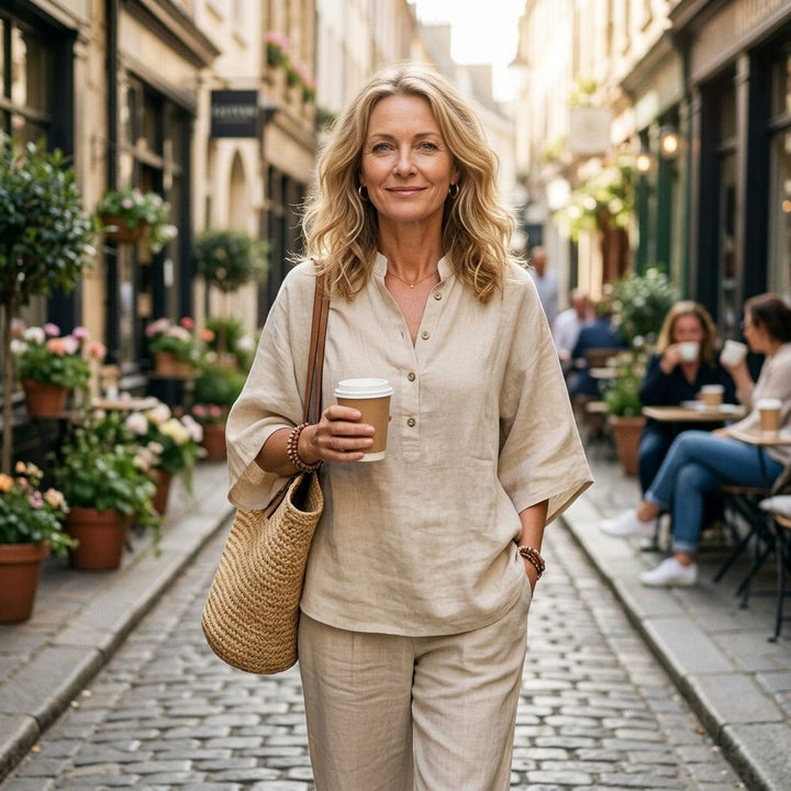 Casual chic women's linen two-piece set: elegant kimono top & wide leg pants for summer outings & resort.