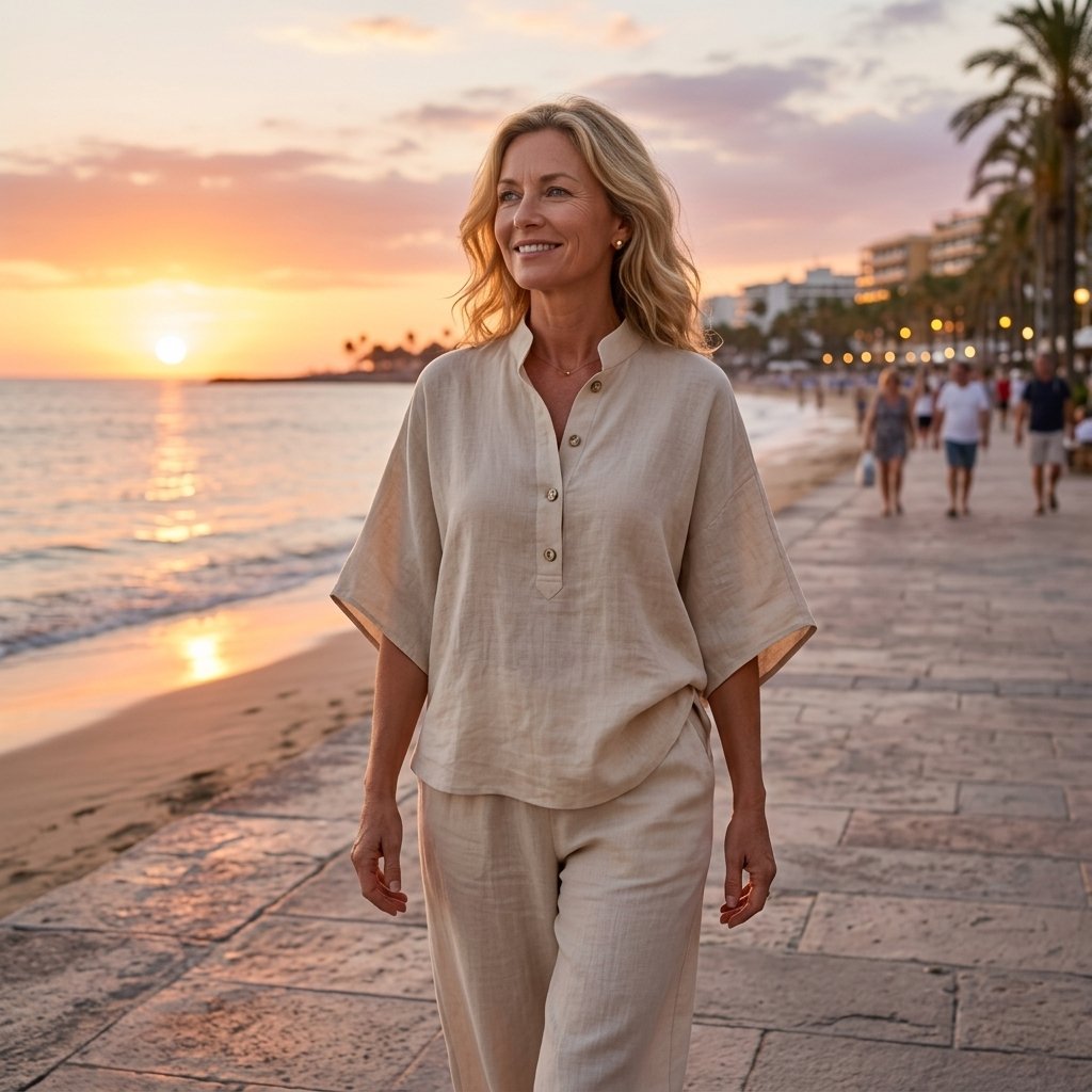 Elegant summer outfit: women's breathable linen kimono top & wide leg pants two-piece set for resort wear.