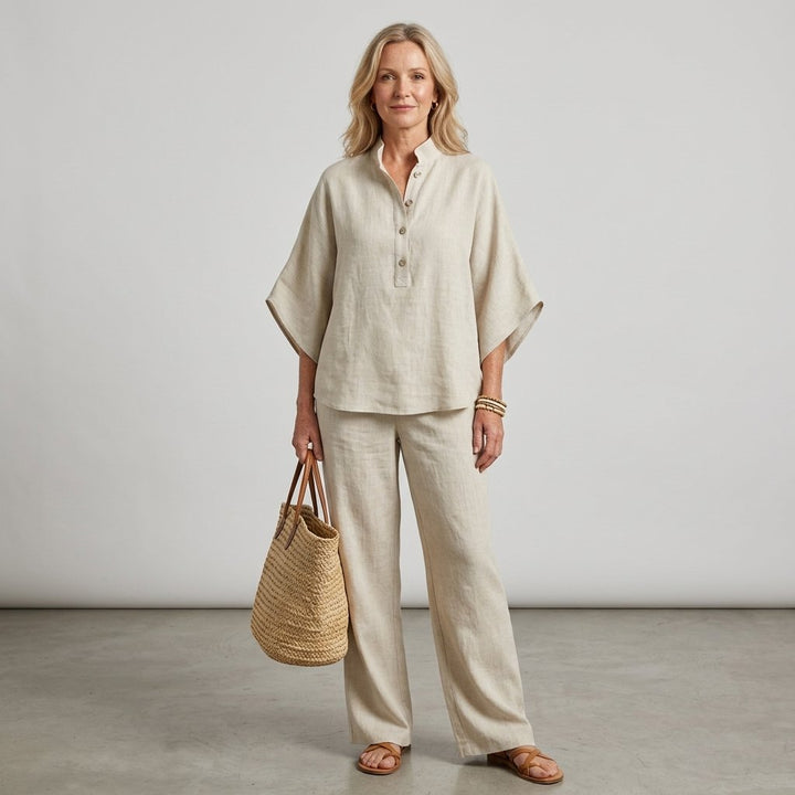 Women's Elegant Linen Kimono Two-Piece Set, with a kimono top & wide leg pants, perfect for resort fashion.