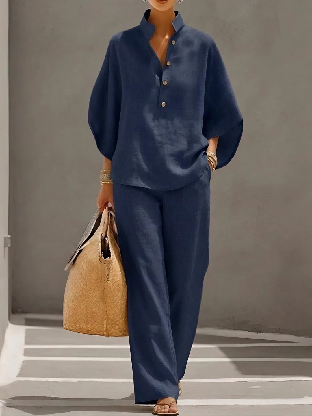 Chic women's linen kimono top & wide leg pants set with mandarin collar, ideal for elegant resort wear.