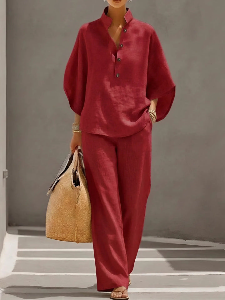 Women's linen kimono set with mandarin collar, long sleeves, and flowy wide leg pants for casual chic style.