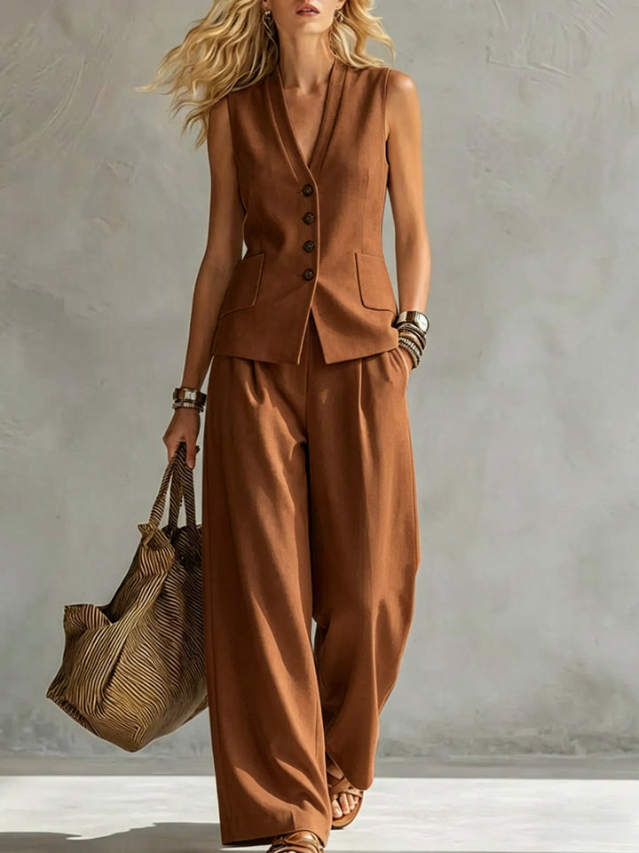 Elegant women's linen look gilet & wide leg trousers set, perfect two-piece summer outfit.