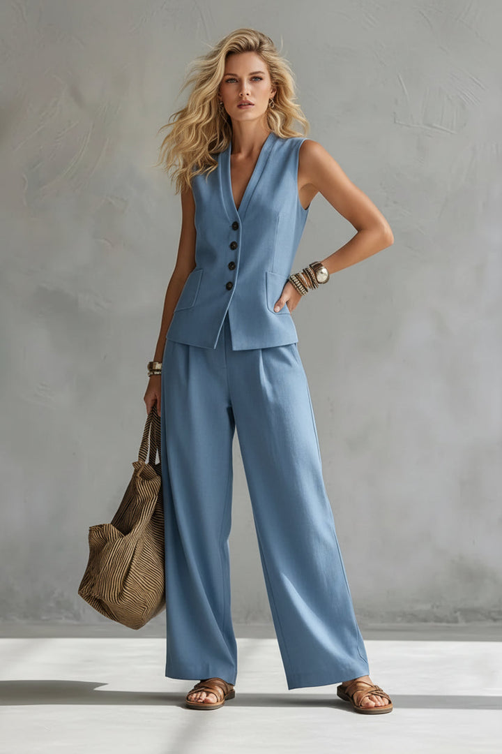 Casual yet chic women's linen look gilet and wide leg trousers set. Versatile summer outfit.