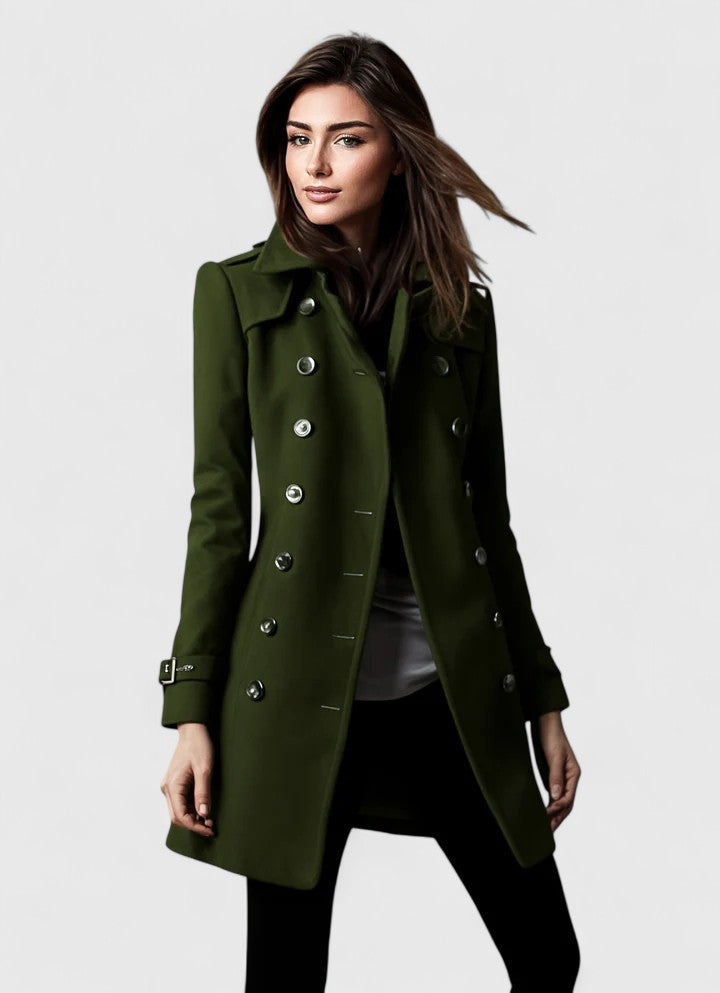 Fashionable women's elegant long coat, a stylish jacket for a modern classic and timeless look. Chic outerwear.