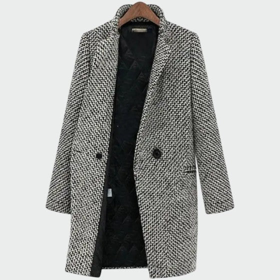 Elegant women's long coat, perfect for autumn/winter outerwear. Classic and versatile stylish fashion for everyday wear.