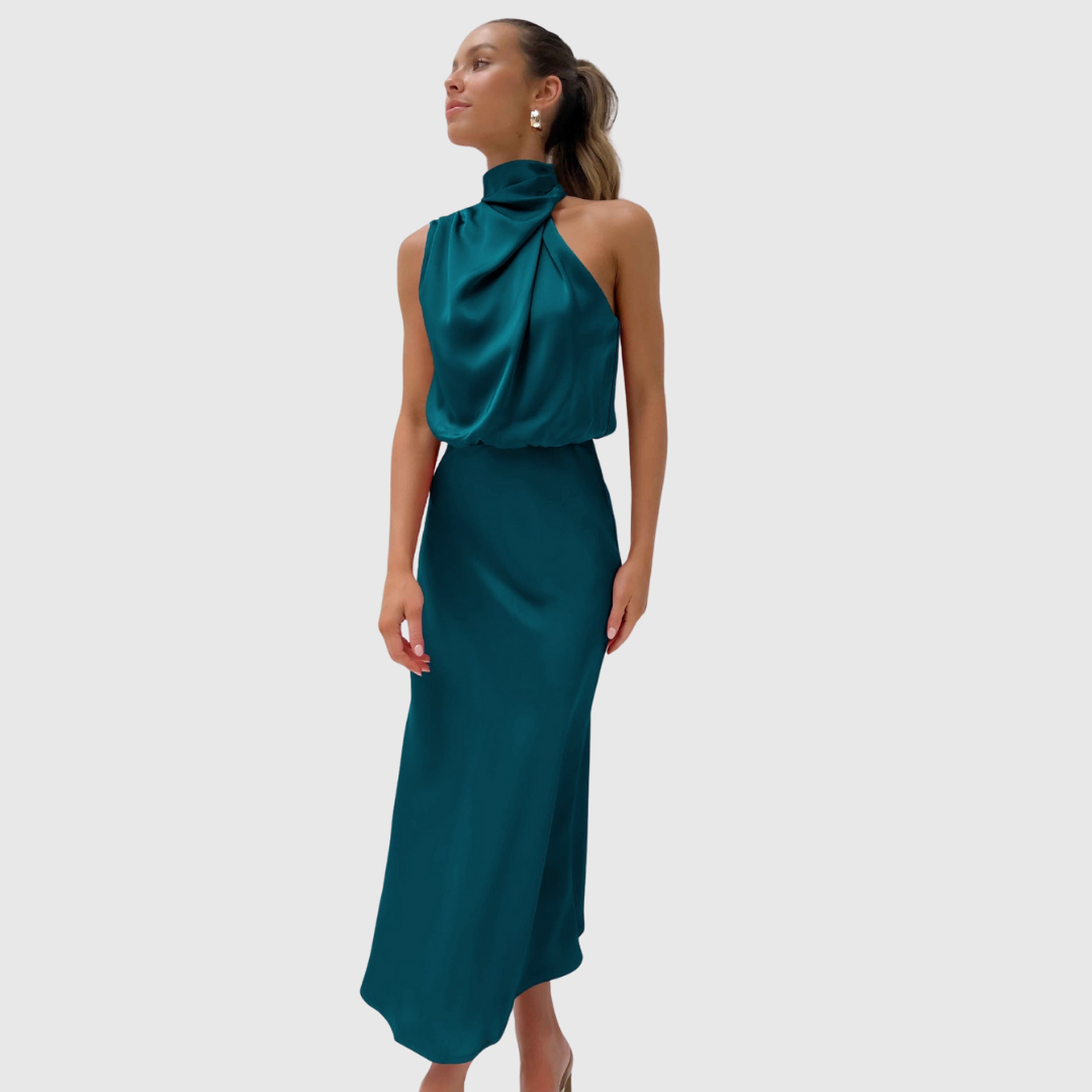 Beautiful women's elegant long dress with cowl neck, suitable for formal events.