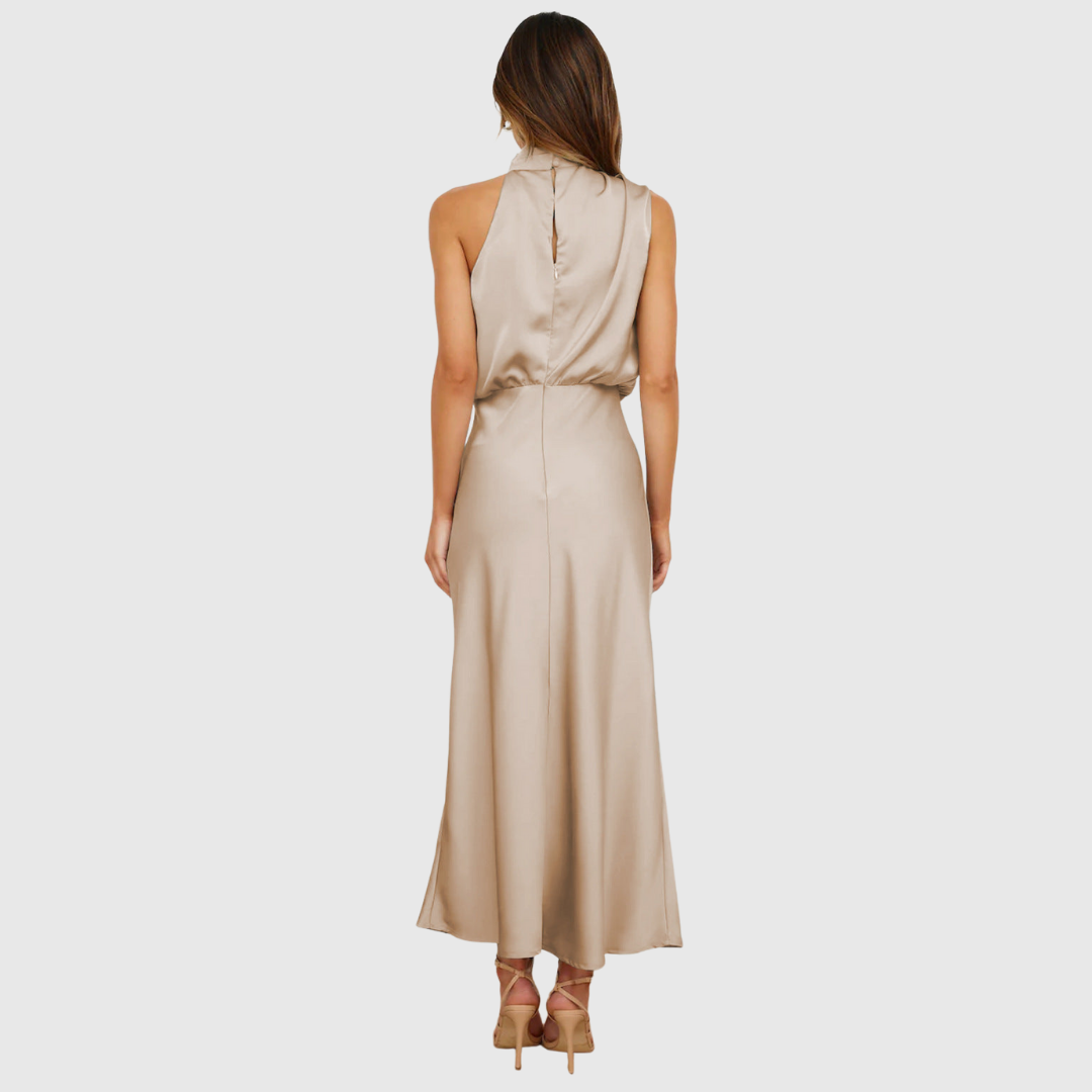 Women's wedding guest dress: long elegant evening gown with a flattering cowl neck design.