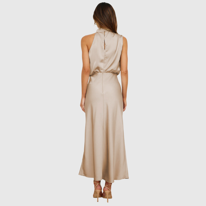 Women's wedding guest dress: long elegant evening gown with a flattering cowl neck design.