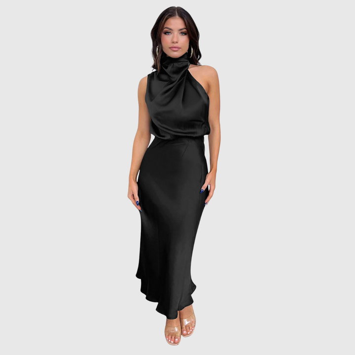 Stylish elegant women's long dress with a cowl neck, perfect for evening events.