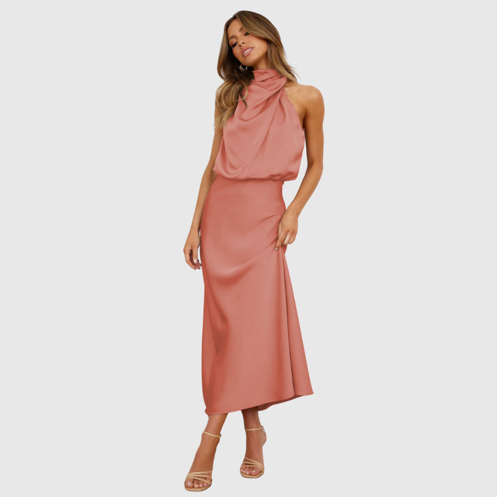 Long elegant women's dress with a chic cowl neck, ideal for wedding guests & formal parties.