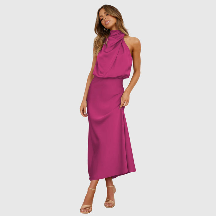 Women's formal special occasion dress: a beautiful long sleeveless gown with a cowl neck.