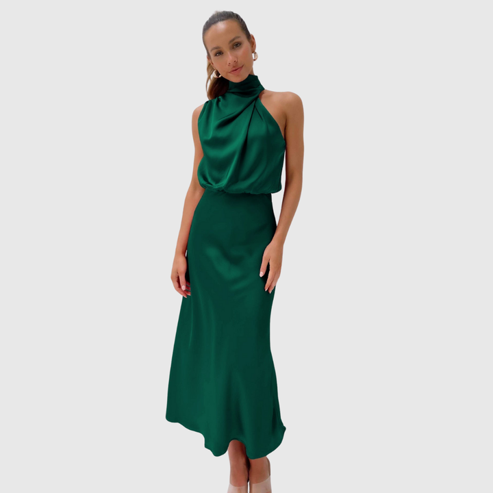 Cowl neck long evening dress for women, an elegant and chic party gown.