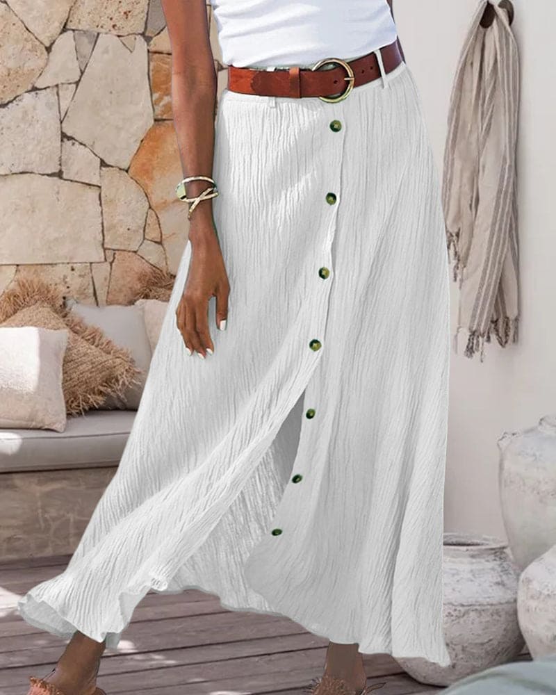 Elegant women's long monochrome maxi skirt with A-line design, perfect for versatile style.