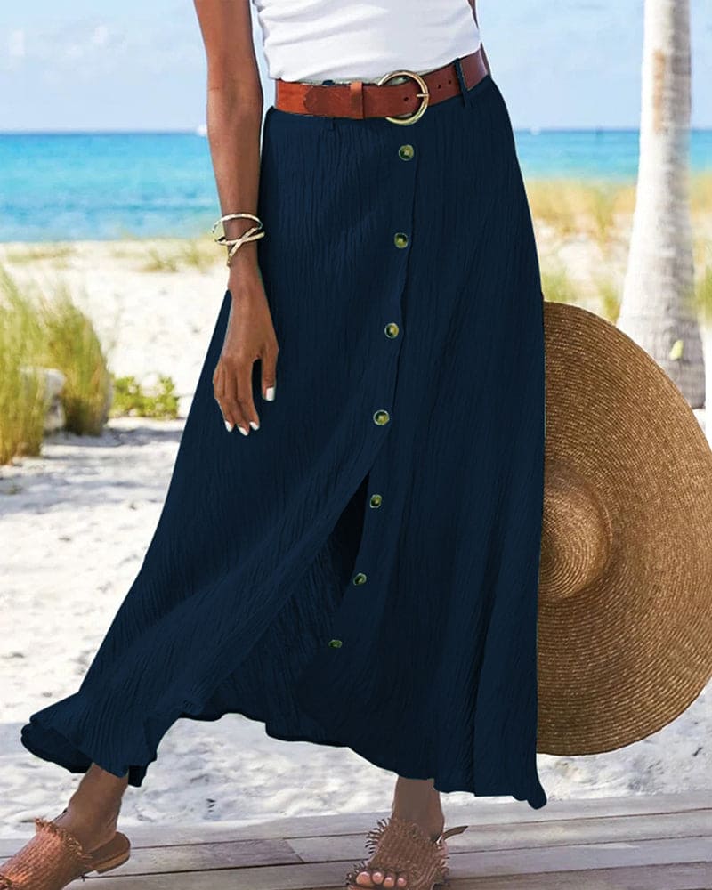 Chic women's monochrome long skirt, offering versatile style from casual comfort to elegant evenings.
