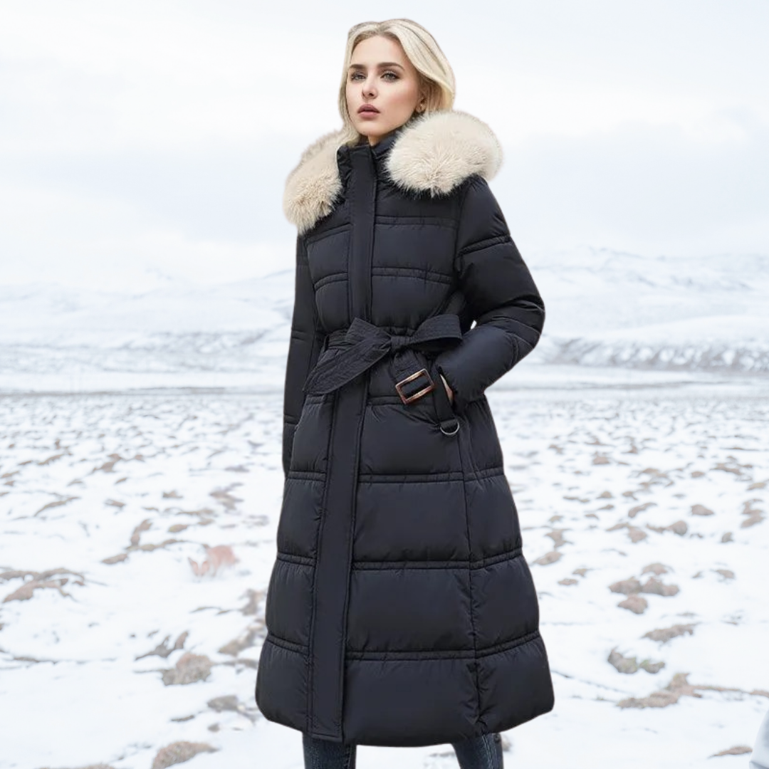 Women's warm long puffer coat, featuring an elegant faux fur hood for ultimate cold weather comfort.