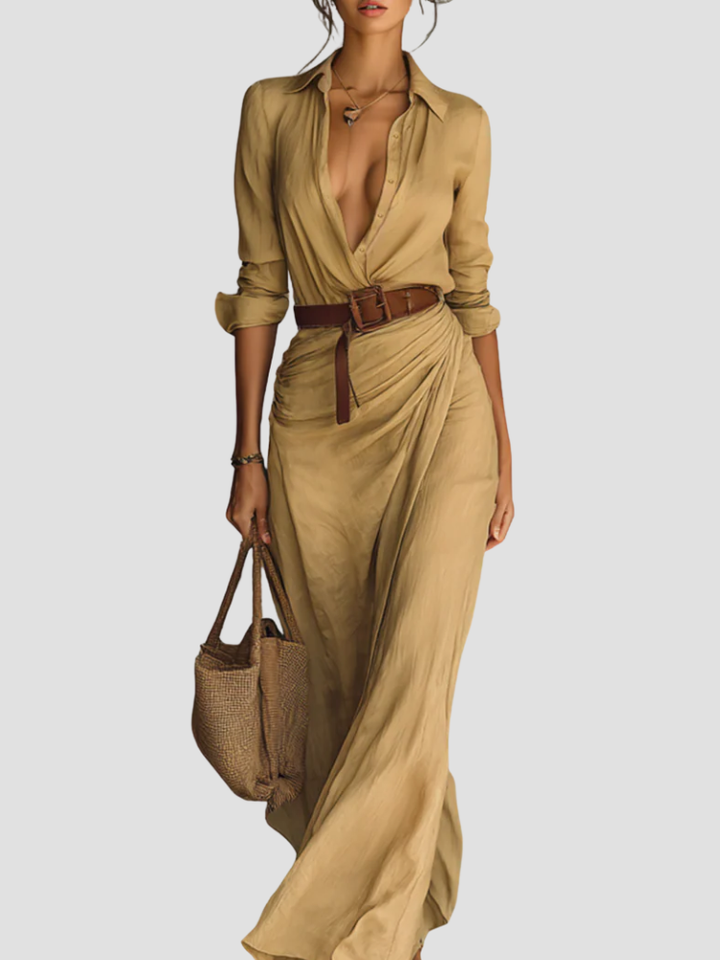 Elegant women's long shirt dress, perfect for versatile day to evening wear. Belted & button-front design.