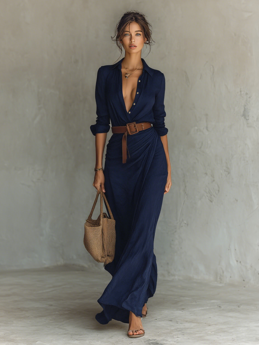 Flattering women's long shirt dress, ideal for elegant day wear or chic evening events. Belted design.