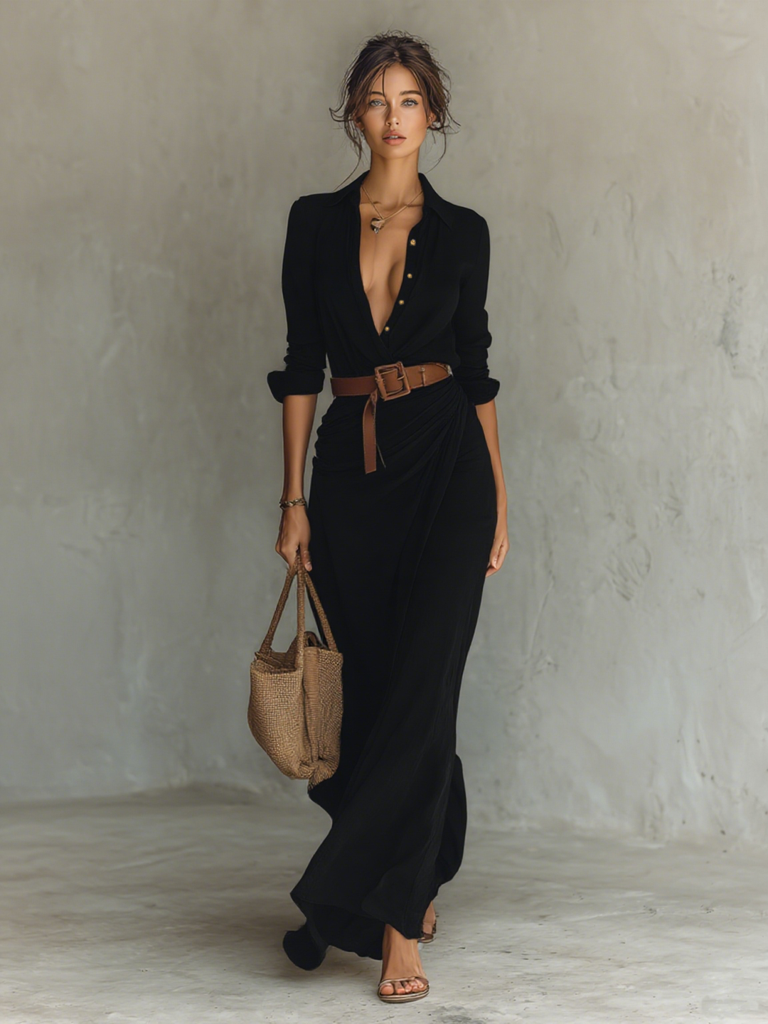 Versatile women's long shirt dress. Elegant, collared, and button-front design for chic day to evening style.