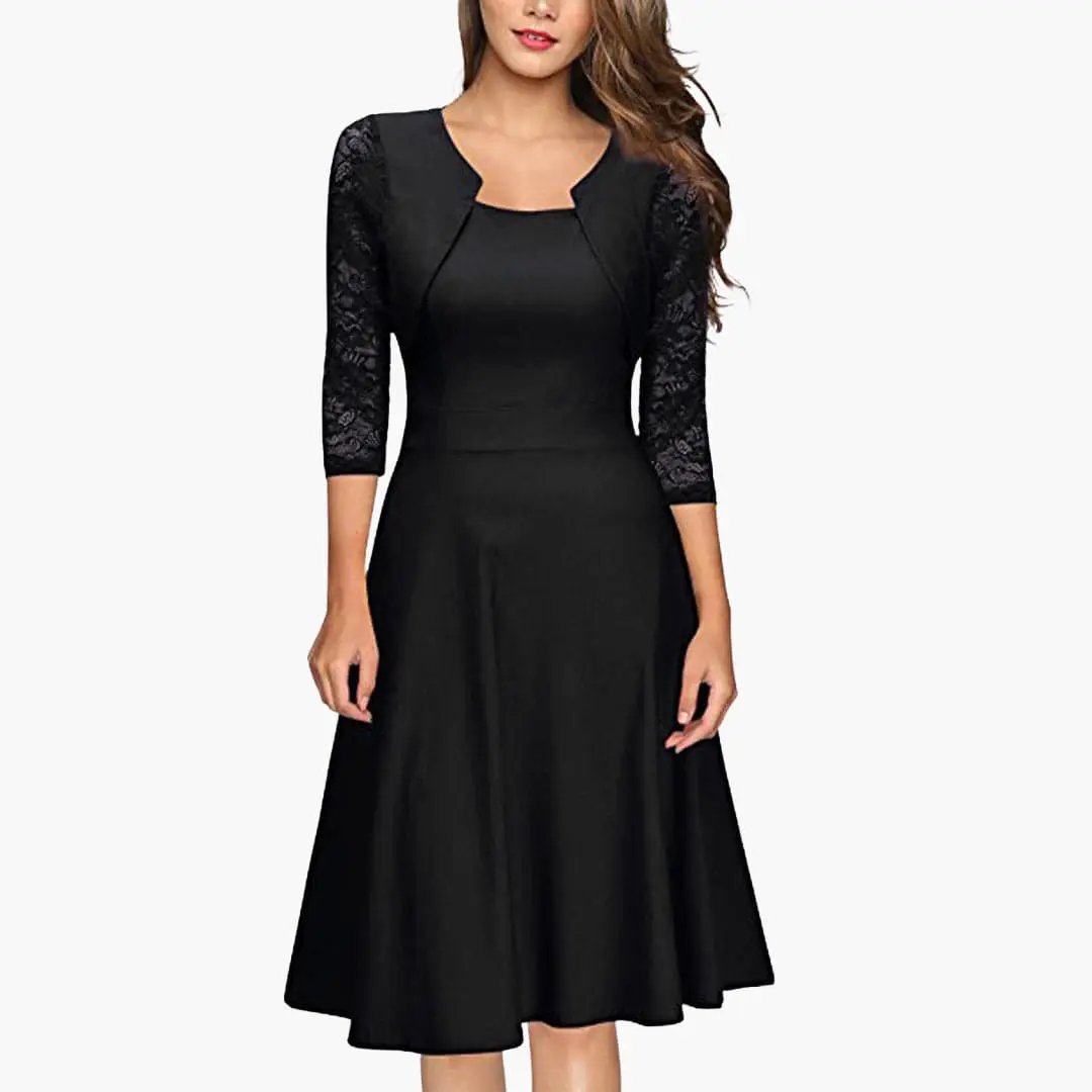 Elegant women's long sleeve A-line midi dress, perfect for wedding guests & formal occasions.