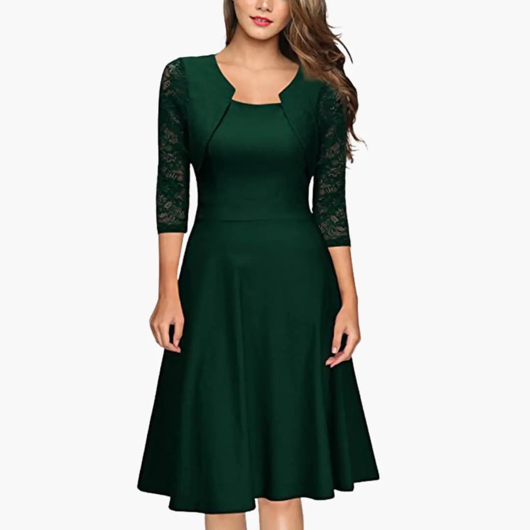 Sophisticated A-line long sleeve midi dress for women, ideal as a wedding guest or evening party dress.