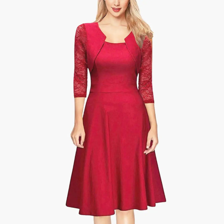 Women's elegant A-line midi dress with long sleeves and a flared skirt, suitable for special occasions.