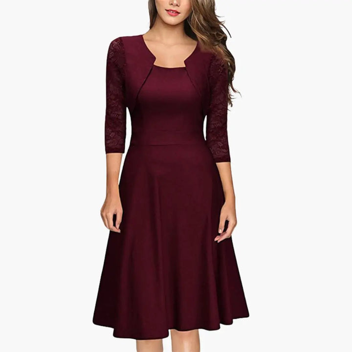 Chic long sleeve midi dress for women, an elegant A-line style ideal for formal events & wedding guests.