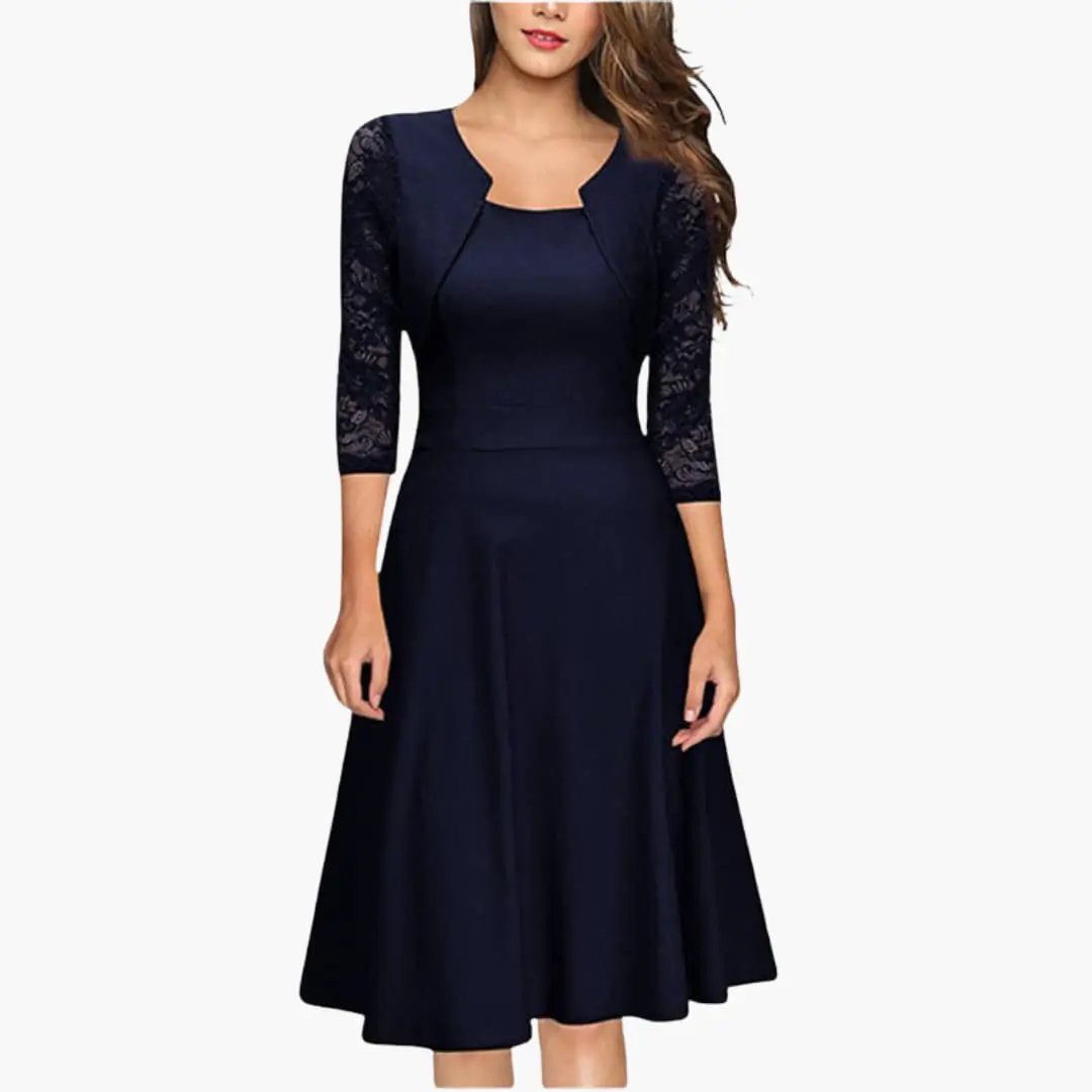 Stylish women's long sleeve A-line midi dress. Perfect elegant formal wear or cocktail party attire.