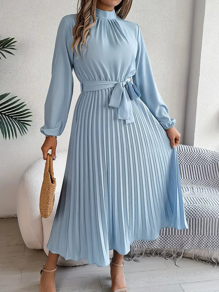 Elegant women's long-sleeve belted midi dress, perfect for work, fall, or winter fashion.