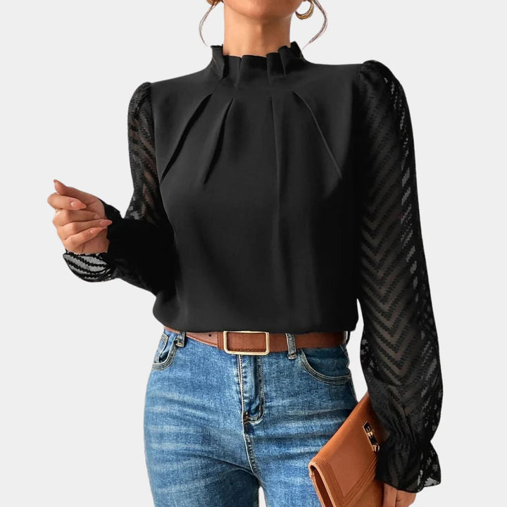 Stylish women's patchwork long sleeve blouse with butterfly sleeves. Ideal for elegant office wear or casual outfits.
