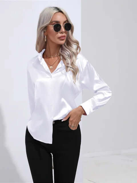 Sophisticated women's long sleeve blouse top, a versatile piece for elegant office & evening fashion.