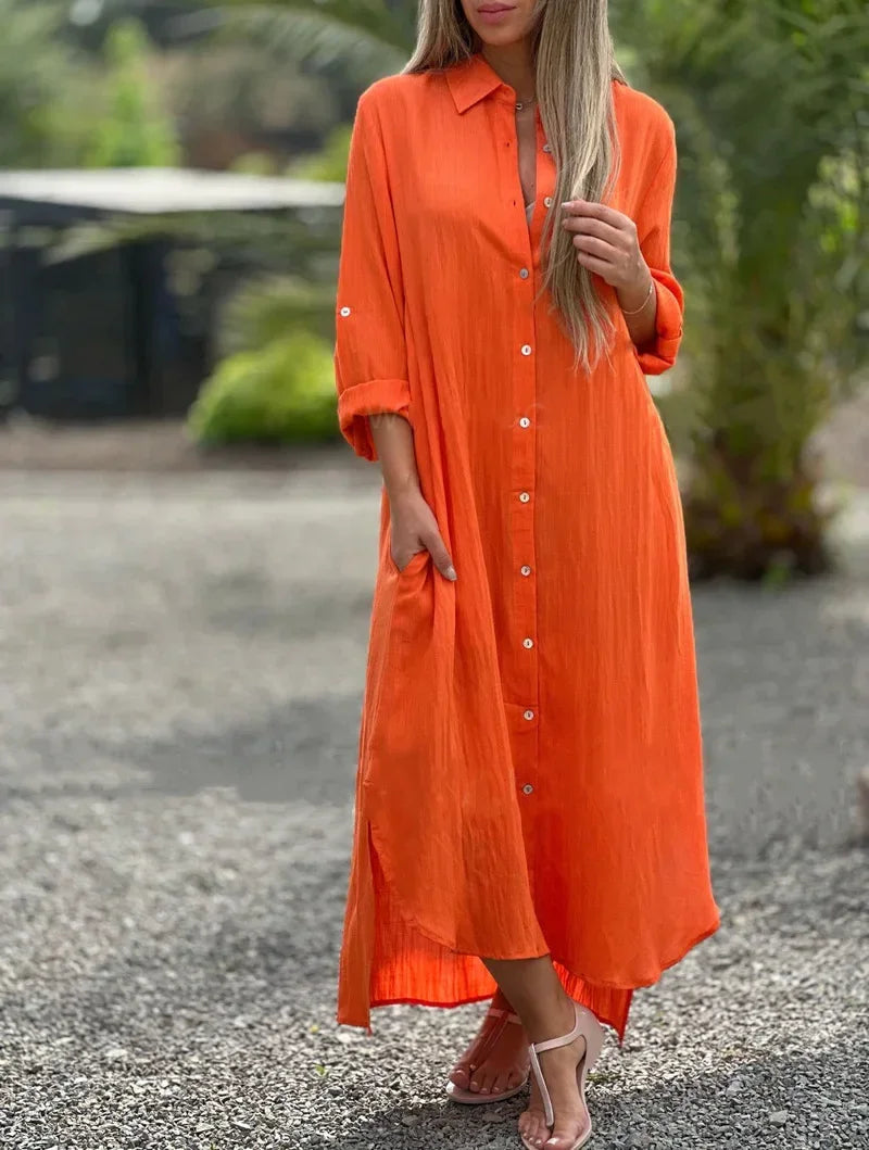 Stylish women's collared maxi shirt dress. Features long sleeves & full button-down front. Versatile for seasons.