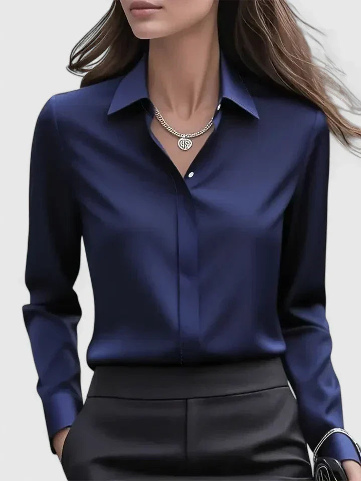 Everyday elegant women's top; a versatile long-sleeve button-down blouse for comfortable chic styling.