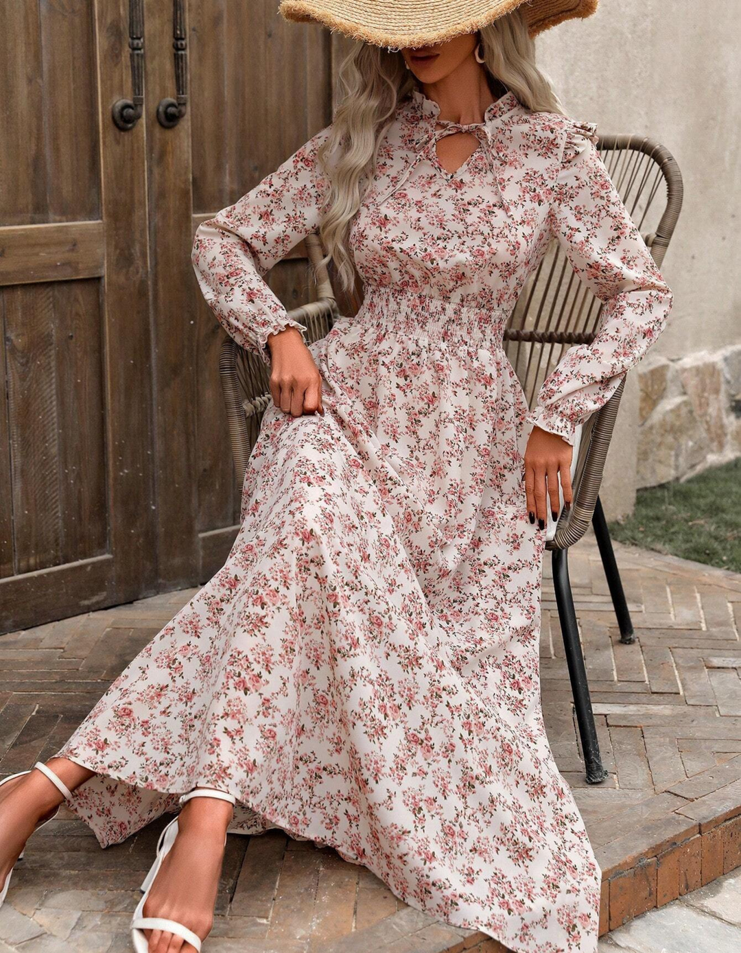Elegant women's long sleeve floral A-line midi dress, perfect for spring casual or summer occasion wear.