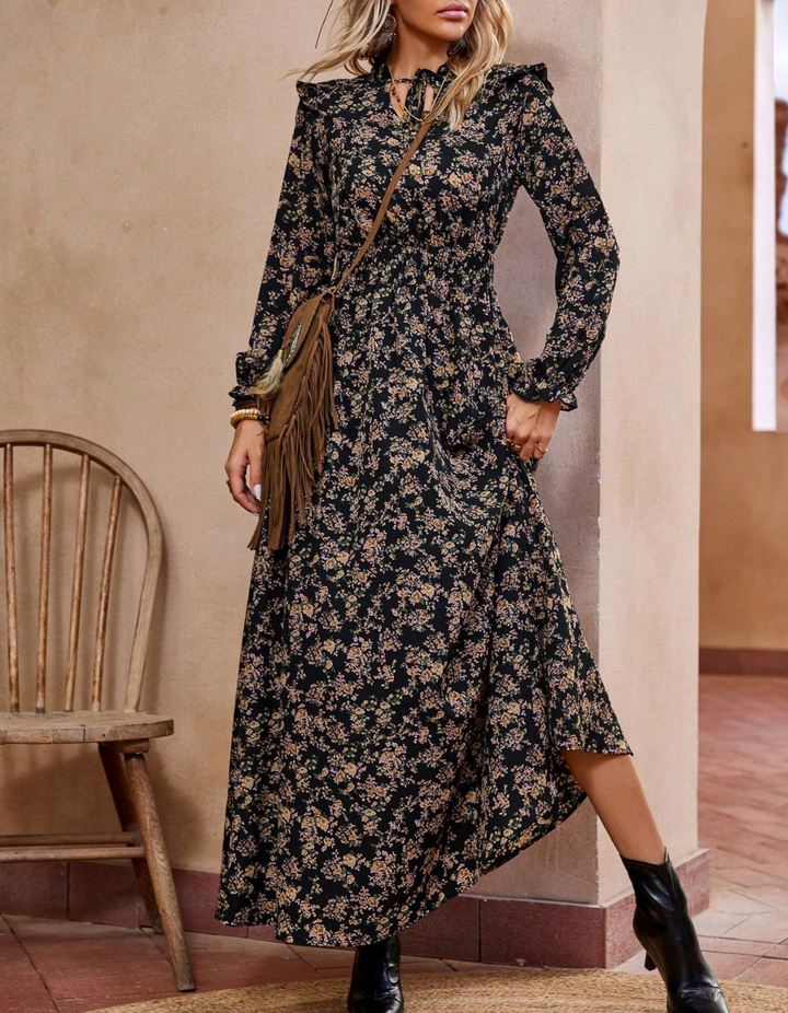 Chic women's long sleeve floral A-line dress, a versatile midi style for elegant spring outings or casual summer events.