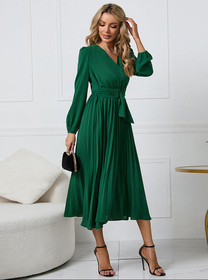 Elegant women's long sleeve gathered midi dress, perfect for wedding guests, formal events, or special occasions.