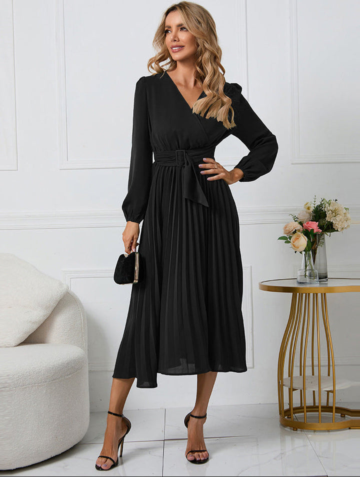 Chic women's long sleeve gathered midi dress, ideal for party wear, wedding guests, or sophisticated events.